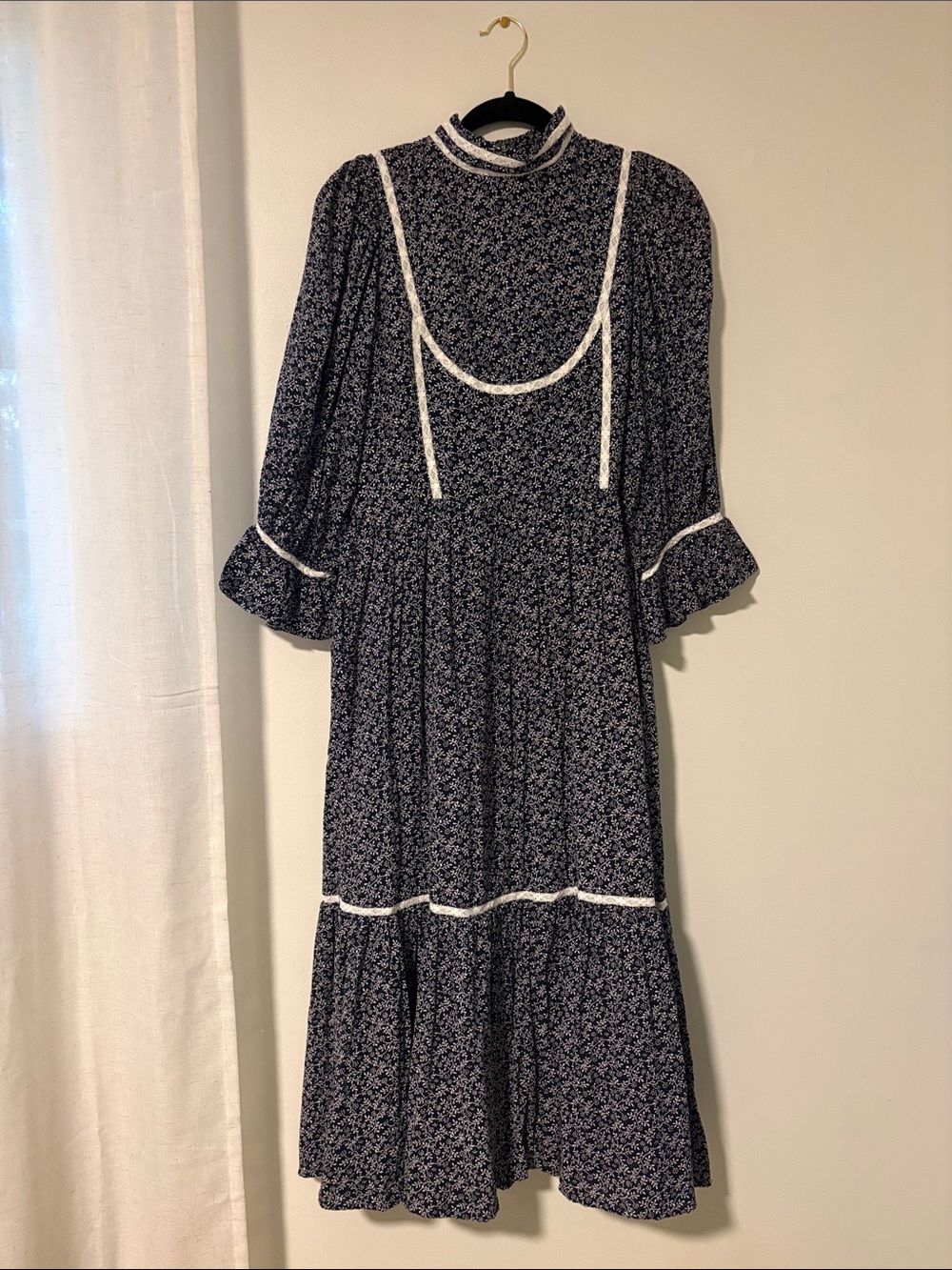 Navy Floral Maxi Dress with Cream Trim